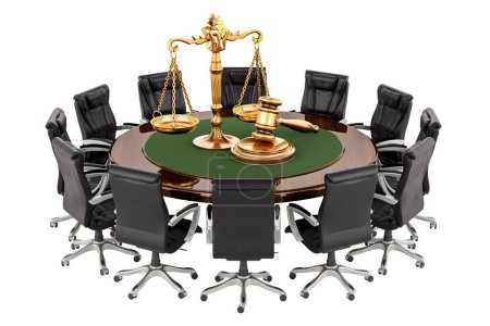 Téléchargez les photos : Table ronde avec marteau en bois et échelles de justice, fauteuils autour, rendu 3D - en image libre de droit