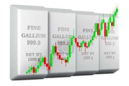 Photo for Gallium bars with candlestick chart, showing uptrend market. 3D rendering isolated on white background - Royalty Free Image