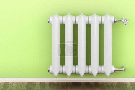 Photo for Cast iron heating radiator with temperature control valve in interior, 3D rendering - Royalty Free Image