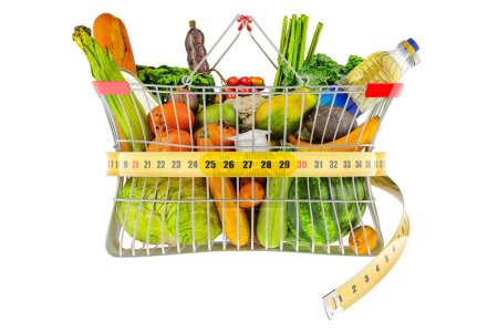 Téléchargez les photos : Panier plein de produits d'épicerie, fruits et légumes avec ruban à mesurer autour. Régime alimentaire et concept de perte de poids. rendu 3D isolé sur fond blanc - en image libre de droit