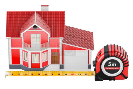 Téléchargez les photos : Maison avec ruban à mesurer. Service de réparation à domicile, concept. rendu 3D isolé sur fond blanc - en image libre de droit