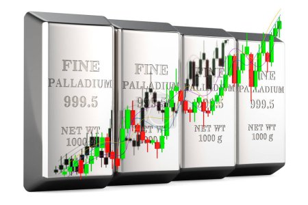 Photo for Palladium ingots with candlestick chart, showing uptrend market. 3D rendering isolated on white background - Royalty Free Image