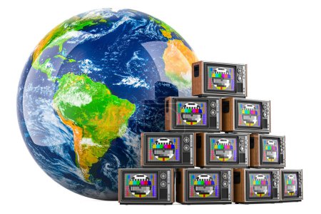 Foto de Earth Globe con televisores antiguos con tarjeta de prueba. Concepto de televisión internacional, representación 3D aislada sobre fondo blanco - Imagen libre de derechos