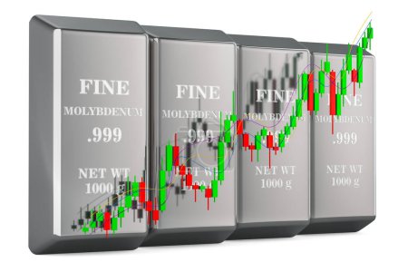 Photo for Molybdenum ingots with candlestick chart, showing uptrend market. 3D rendering isolated on white background - Royalty Free Image