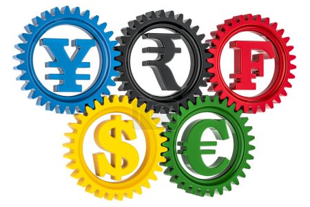 Currency gears colored, conversion and exchange of currencies, concept. 3D rendering isolated on white background
