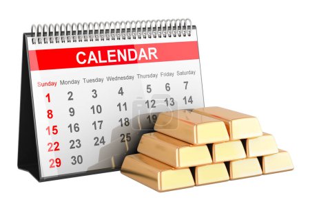Foto de Calendario de escritorio con barras de oro, renderizado 3D aislado sobre fondo blanco - Imagen libre de derechos