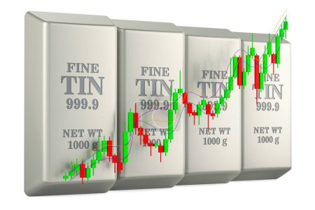 Photo for Tin ingots with candlestick chart, showing uptrend market. 3D rendering isolated on white background - Royalty Free Image