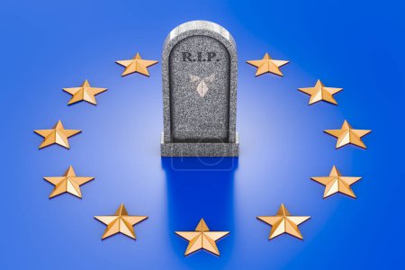 Téléchargez les photos : Pierre tombale sur le drapeau de l'UE. Statistiques de mortalité et d'espérance de vie dans le concept de l'Union européenne, rendu 3D - en image libre de droit