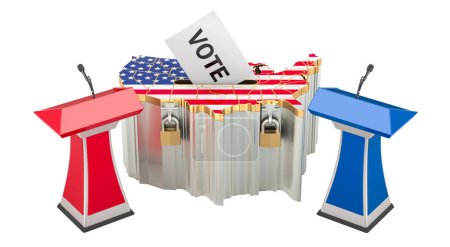 Téléchargez les photos : États-Unis débat, concept avec urne et tribunes. rendu 3D isolé sur fond blanc - en image libre de droit