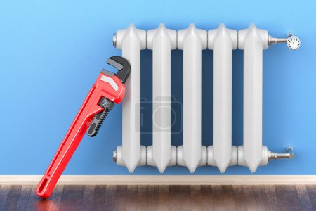 Photo for Cast iron heating radiator with pipe wrench in interior. Repair and service of heating, concept. 3D rendering - Royalty Free Image
