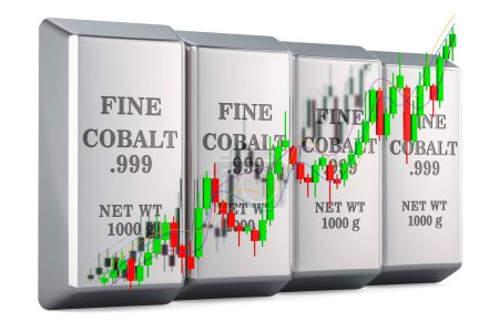 Photo for Cobalt ingots with candlestick chart, showing uptrend market. 3D rendering isolated on white background - Royalty Free Image
