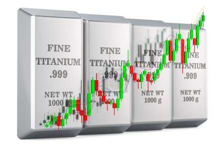 Photo for Titanium bars with candlestick chart, showing uptrend market. 3D rendering isolated on white background - Royalty Free Image