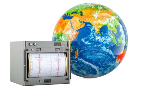 Sismógrafo, sismómetro con globo terrestre. Representación 3D aislada sobre fondo blanco