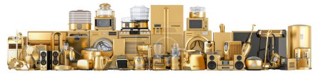Foto de Cocina dorada y electrodomésticos, representación 3D aislada sobre fondo blanco - Imagen libre de derechos