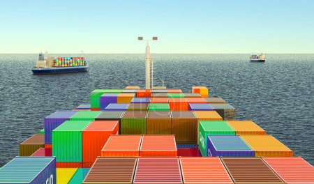 Photo for Cargo Container Ships with cargo containers sailing in ocean, view from ship. 3D rendering - Royalty Free Image
