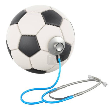Foto de Balón de fútbol con fonendoscopio. Medicina deportiva, concepto. Representación 3D aislada sobre fondo blanco - Imagen libre de derechos