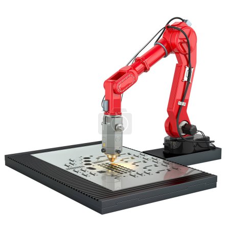 Laser cutting of metal by robotic arm, 3D rendering isolated on white background