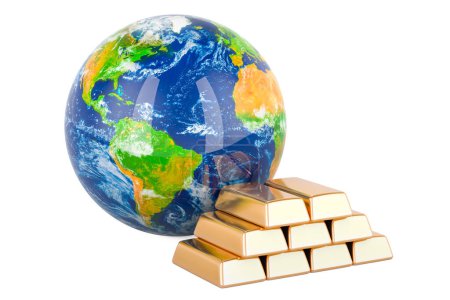 Foto de Lingotes de oro con Earth Globe, representación 3D aislada sobre fondo blanco - Imagen libre de derechos