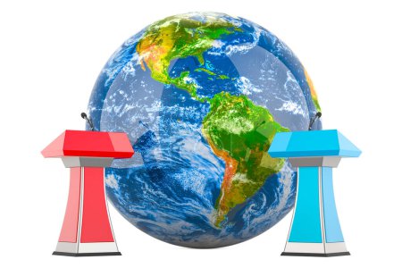 Téléchargez les photos : Global Debate concept with tribunes and Earth Globe. rendu 3D isolé sur fond blanc - en image libre de droit
