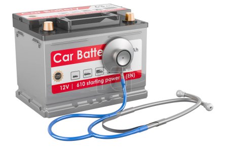 Batterie de voiture avec stéthoscope, station-service et concept de réparation automobile. rendu 3D isolé sur fond blanc  