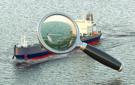 Oil tanker with magnifying glass, 3D rendering isolated on white background 
