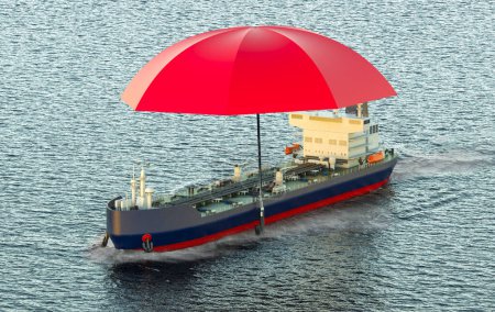 Photo for Oil tanker under umbrella sailing in ocean. Insurance and protect freight transportation concept. 3D rendering - Royalty Free Image