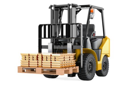 Forklift truck with Gold Ingots, 3D rendering isolated on white background