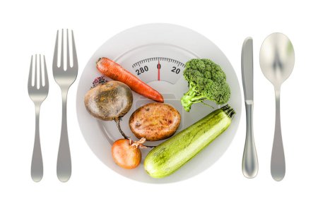 Foto de Verduras frescas en el plato con báscula de peso. Concepto de comida dietética. Representación 3D aislada sobre fondo blanco - Imagen libre de derechos