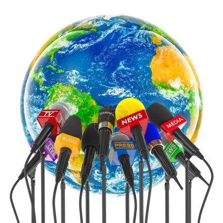 Téléchargez les photos : Conférence de presse internationale, concept de diffusion ou d'interview. Microphones de différents médias avec Earth Globe, rendu 3D isolé sur fond blanc - en image libre de droit