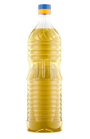 Foto de Aceite amarillo en botella de plástico, representación 3D aislada sobre fondo blanco - Imagen libre de derechos