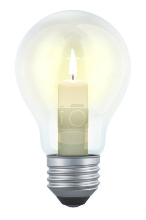 Light bulb with a burning candle inside. Electrical faults, breakdowns and outages, concept. 3D rendering isolated on white background
