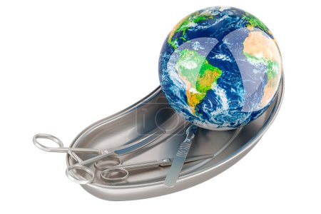 Foto de Bandeja quirúrgica de instrumentos operacionales con instrumentos quirúrgicos con Earth Globe, representación 3D aislada sobre fondo blanco - Imagen libre de derechos