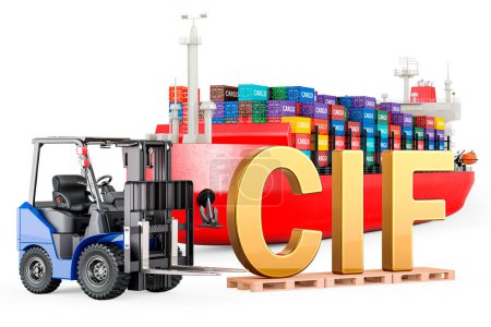 Photo for Shipping Instruction Form, concept. Cargo Container Ship with cargo containers and Forklift truck with SIF inscription, 3D rendering isolated on white background - Royalty Free Image