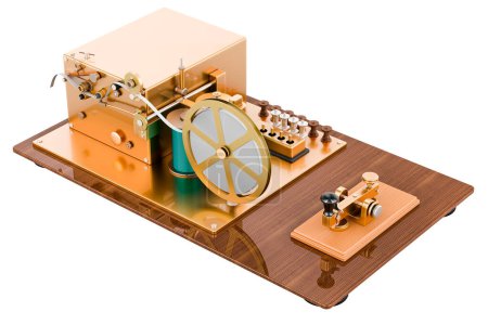 Telegraph, Morsecodetelegraphiegerät, 3D-Rendering isoliert auf weißem Hintergrund