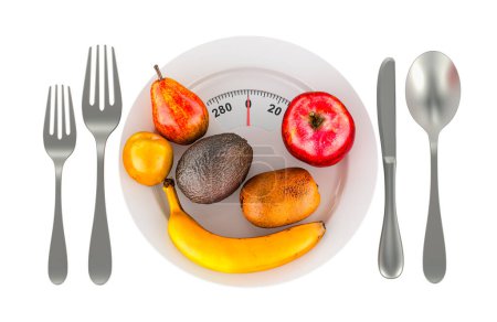 Foto de Frutas en el plato con báscula de peso. Concepto de comida dietética. Representación 3D aislada sobre fondo blanco - Imagen libre de derechos