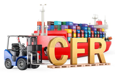 Photo for Cost and Freight, concept. Cargo Container Ship with cargo containers and Forklift truck with CFR inscription, 3D rendering isolated on white background - Royalty Free Image
