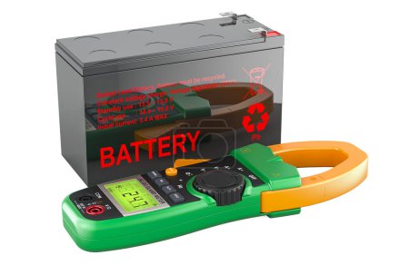 Sealed Lead Acid Battery with Digital Clamp Meter Multimeter, 3D rendering isolated on white background