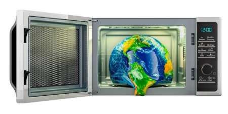 Foto de Calentamiento global y cambio climático, concepto. Earth Globe fundiéndose en horno microondas. Representación 3D aislada sobre fondo blanco - Imagen libre de derechos