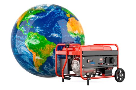 Foto de Generador de gasolina con globo de tierra, renderizado 3D aislado sobre fondo blanco - Imagen libre de derechos