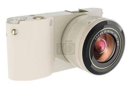 White digital camera, mirrorless interchangeable-lens camera. 3D rendering isolated on white background