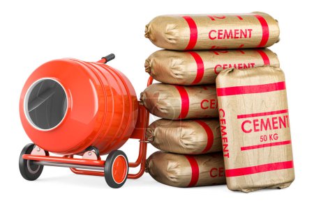 Building and construction, concept. Cement mixer with cement bags. 3D rendering isolated on white background
