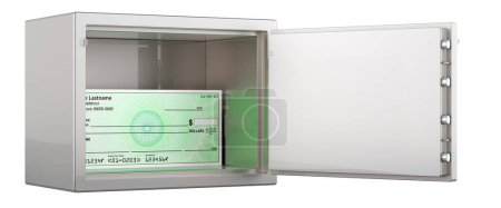 Foto de Cheque bancario en blanco dentro de la combinación de bloqueo seguro, renderizado 3D aislado sobre fondo blanco - Imagen libre de derechos