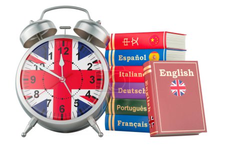 English course, lessons concept. Books with alarm clock. Time to learn English language, 3D rendering isolated on white background