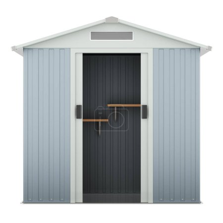 Photo for Outdoor Metal Storage Shed with double sliding doors and air vent, adjustable shelf. Multipurpose House Garden Tool Storage Shed for Backyard Patio isolated on white background - Royalty Free Image