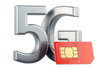 5G mit Sim-Karte, 3D-Rendering isoliert auf weißem Hintergrund