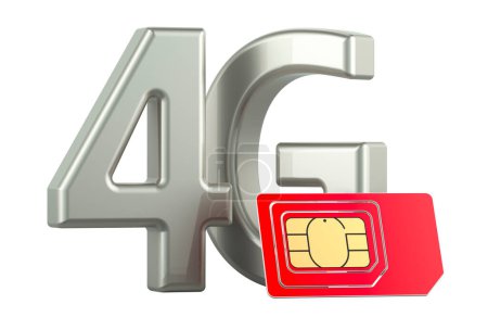 4G-Konzept, mit Sim-Karte. 3D-Rendering isoliert auf weißem Hintergrund