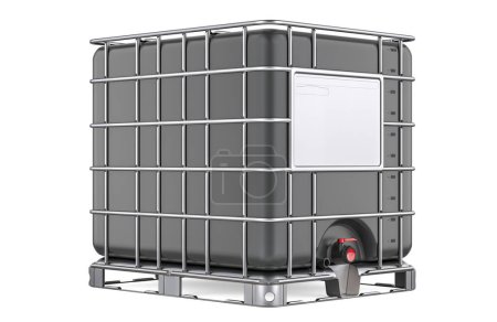 Schwarzer Zwischenbehälter mit metallischem Käfig, 3D-Rendering isoliert auf weißem Hintergrund