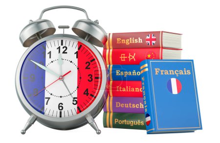 French course, lessons concept. Books with alarm clock. Time to learn French language, 3D rendering isolated on white background