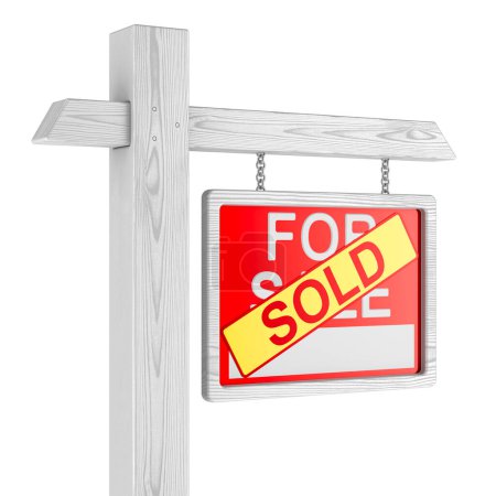 Foto de Se vende pegatina en el signo de bienes raíces para la venta, 3D renderizado aislado sobre fondo blanco - Imagen libre de derechos