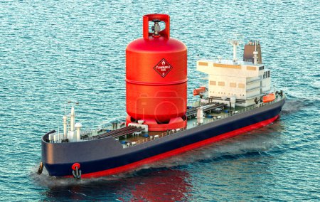 Gas carrier with propane cylinder compressed gas, sailing in ocean. 3D rendering